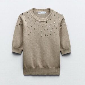Zara Beige Embellished Crew Neck Sweater